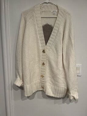 SPLENDID Cream V-Neck Chunky heart Button Cardigan Sweater w heart on back